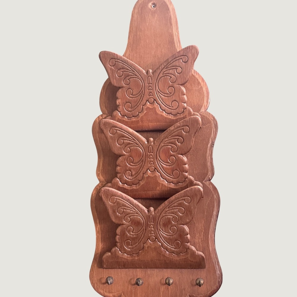 Vintage Carved Wood Butterfly Wall Letter Holder Key Rack Organizer 3 Tier